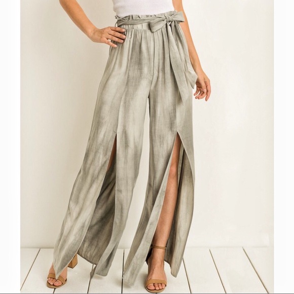 Wide Leg Slit Front Silk Pants Acid Wash Gray, Tie - Picture 4 of 7
